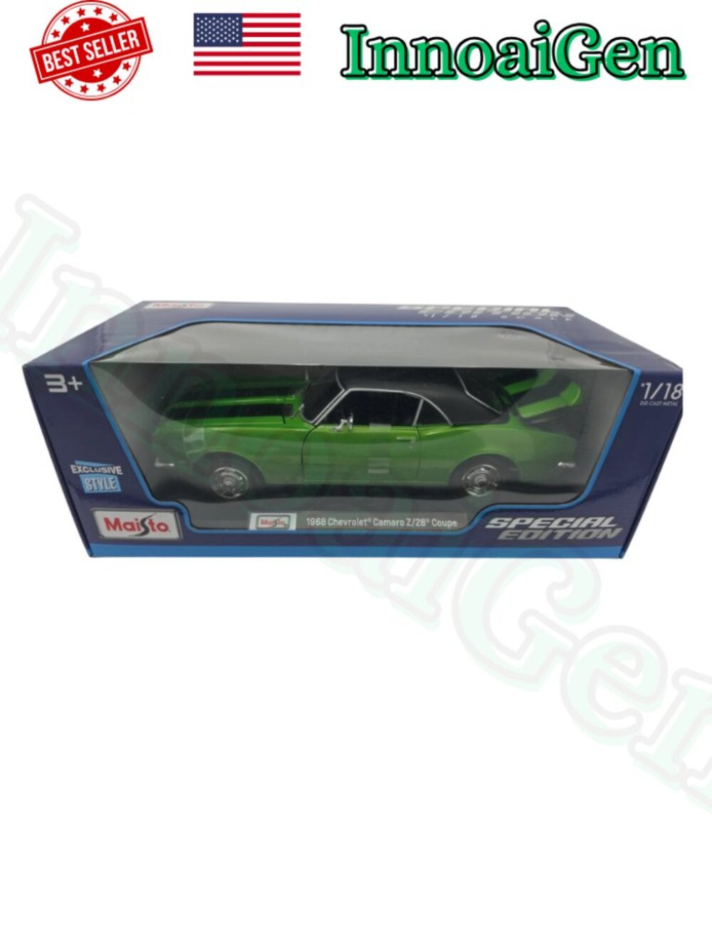 Maisto Special Edition 1:18 1968 Chevrolet Camaro Z/28 Coupe Diecast Car Green